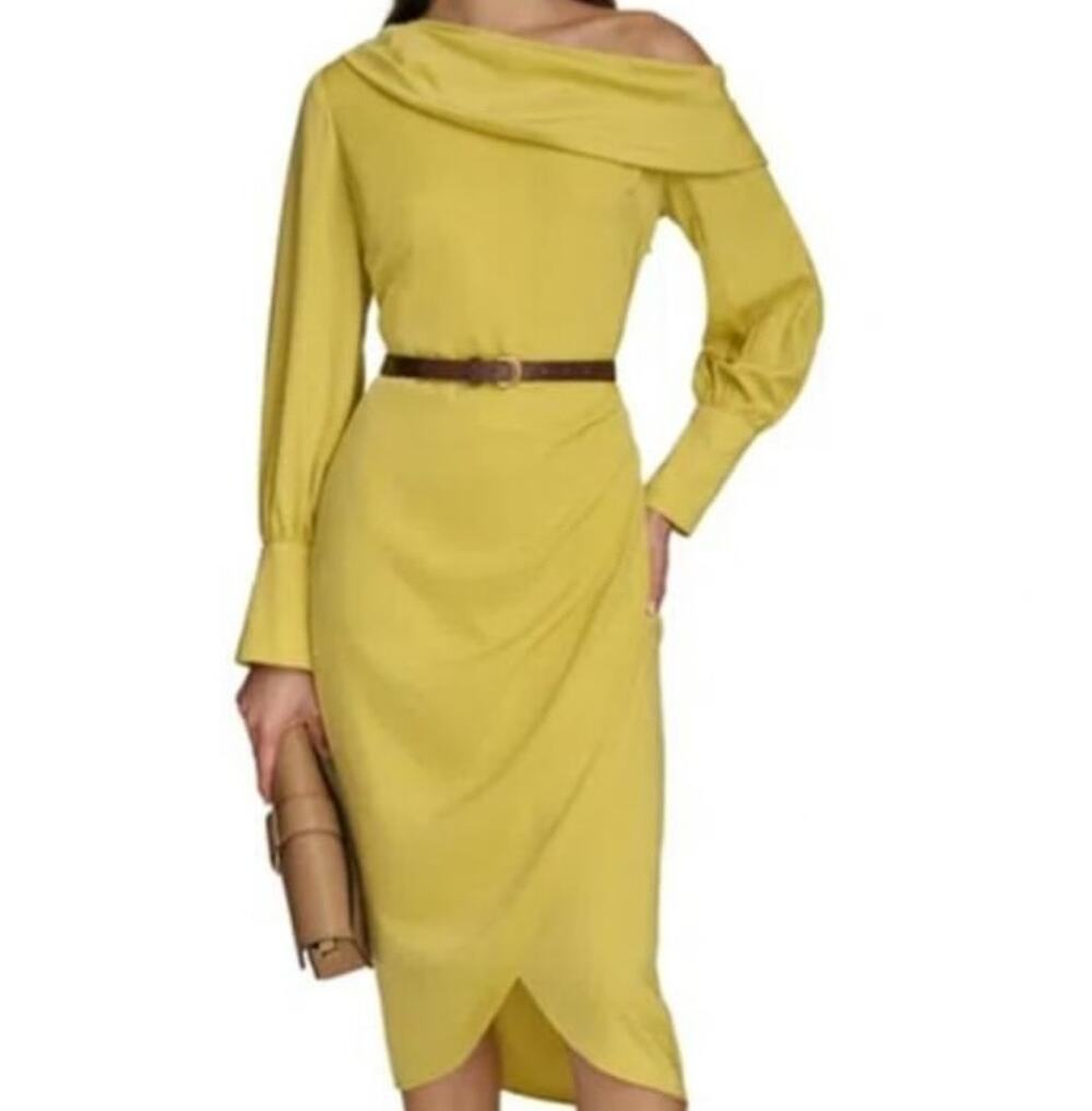 Donna Karan Off-The-Shoulder Belted Midi Dress Chartreuse Yellow-Green Size 12